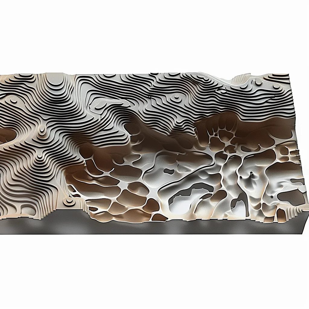 Blend output: undulating topographic surface, ochre and grey striations, mine pit as formal generator