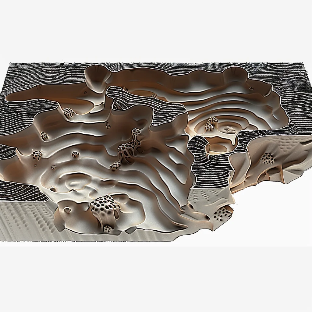Blend output: tightly contoured aerial model, cellular voids embedded in terraced landscape