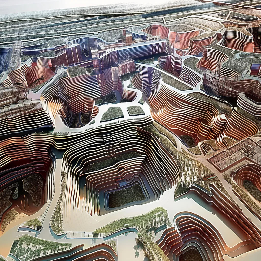 Blend output: terraced urban landscape, warm terracotta tones, ochre contoured building tiers
