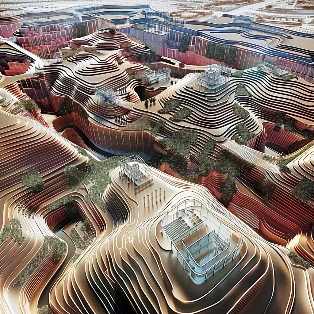 Blend output: aerial terraced city, reddish modular forms with glass pavilions, organic contours