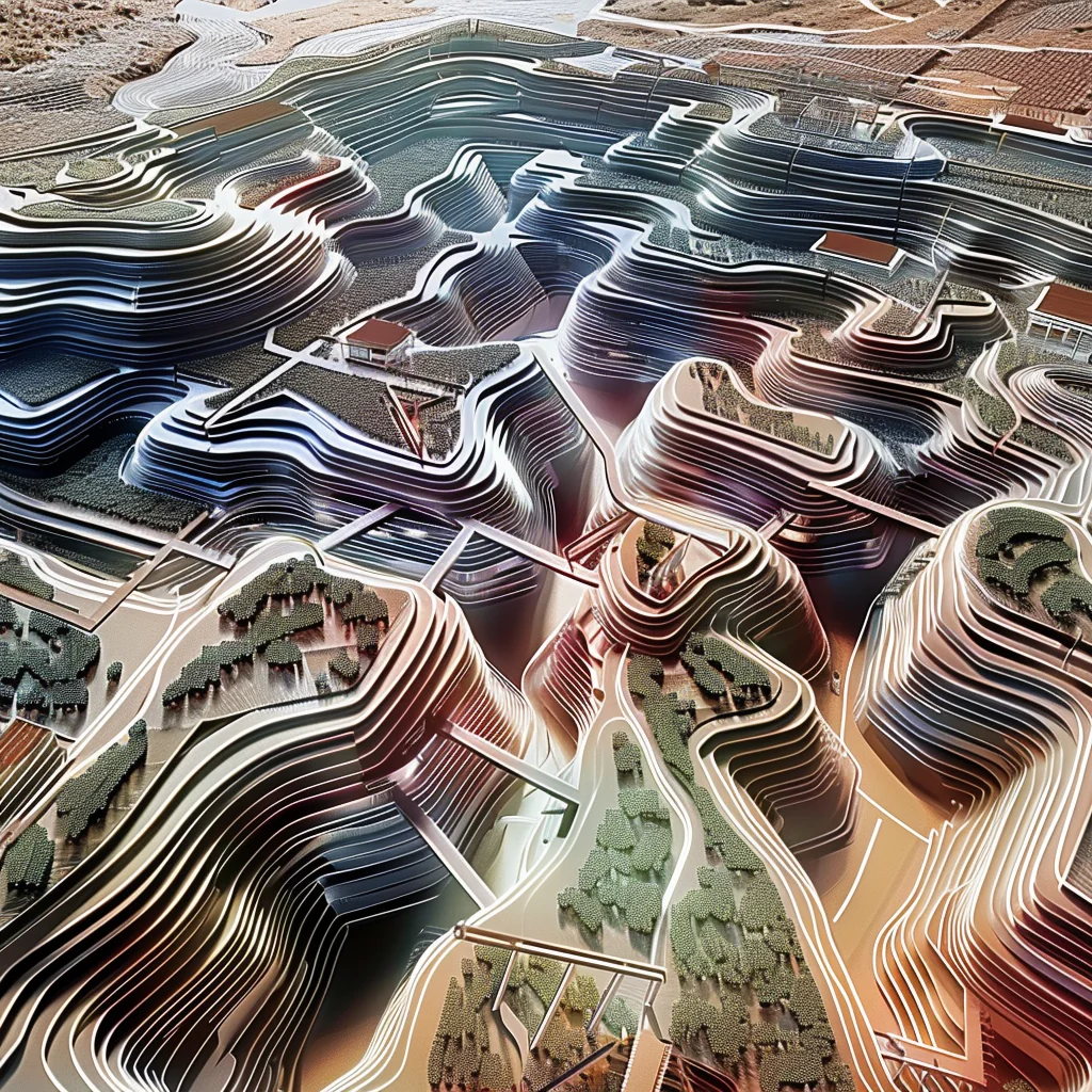 Blend output: undulating terraced landscape with vegetation, warm ochre and silver striations