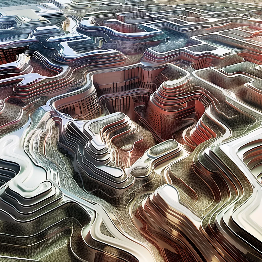Blend output: dense urban terracing, silver-green contours with reddish building cores
