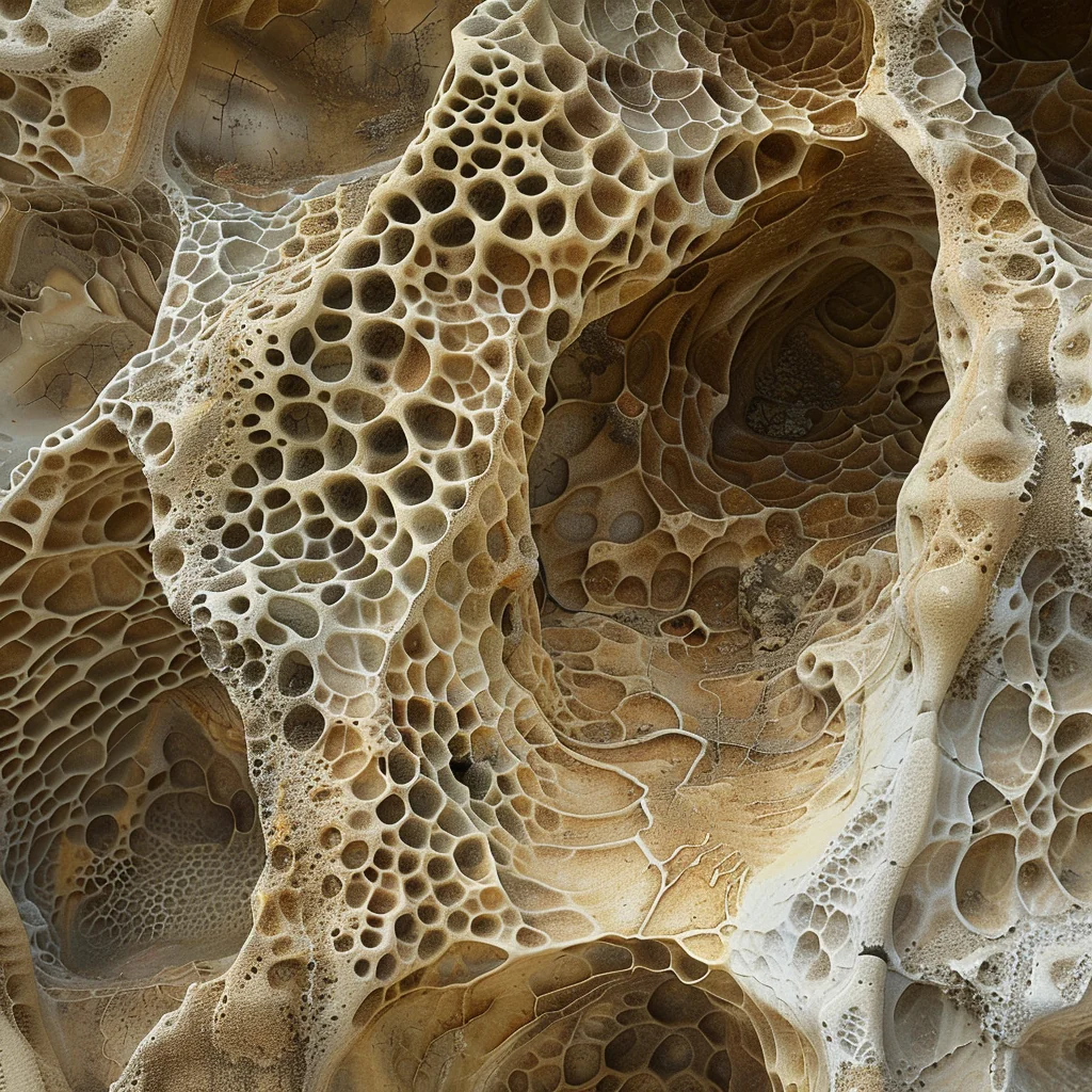 Midjourney: rock formation closeup, honeycomb void pattern, cream and ochre tones