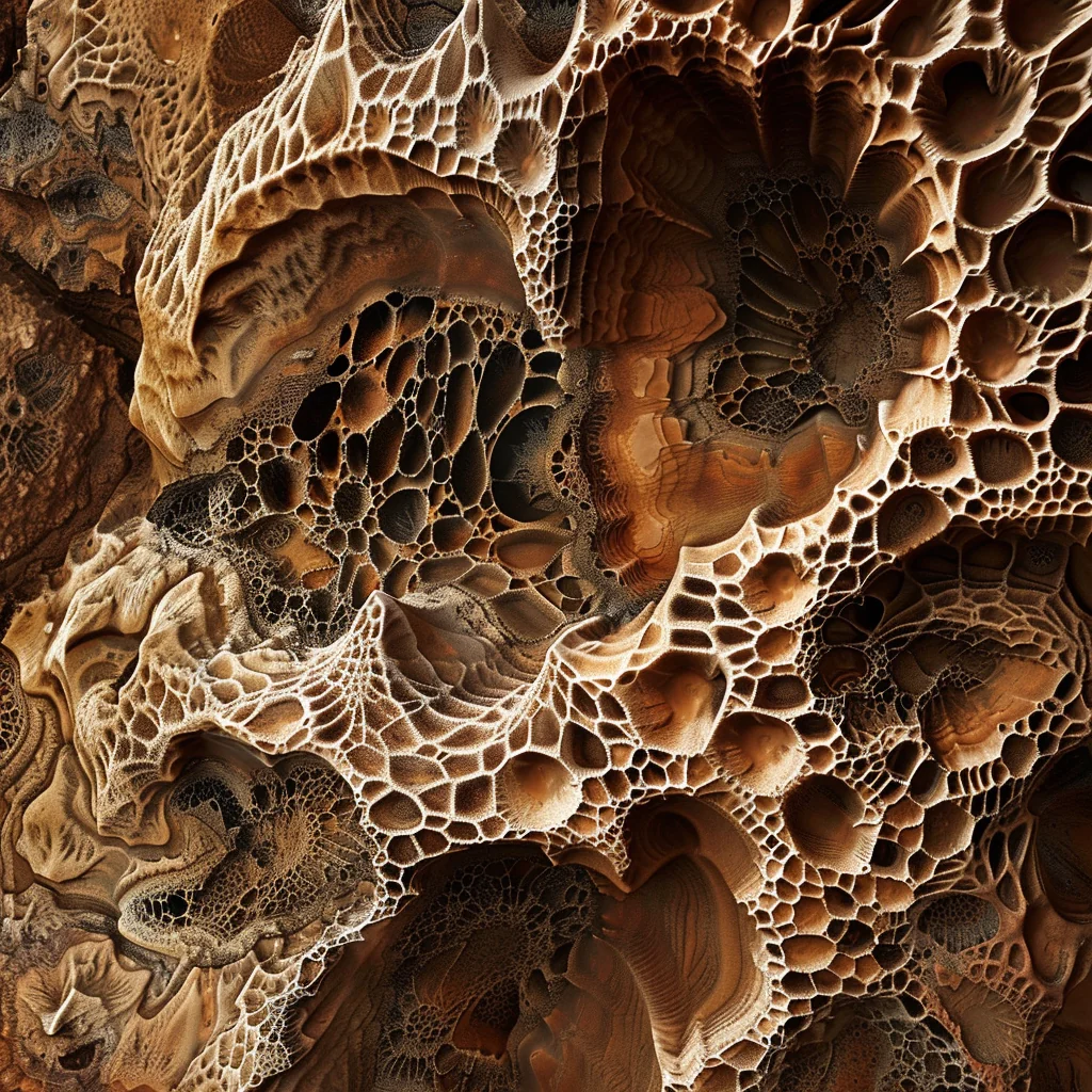 Midjourney variation: eroded stone with honeycomb and bubble pattern