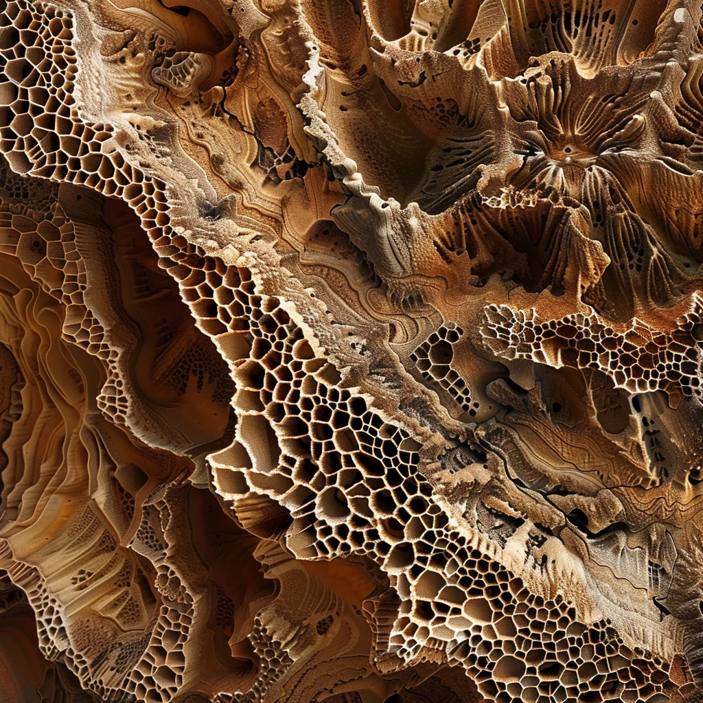 Midjourney variation: coarse porous stone surface with organic layering