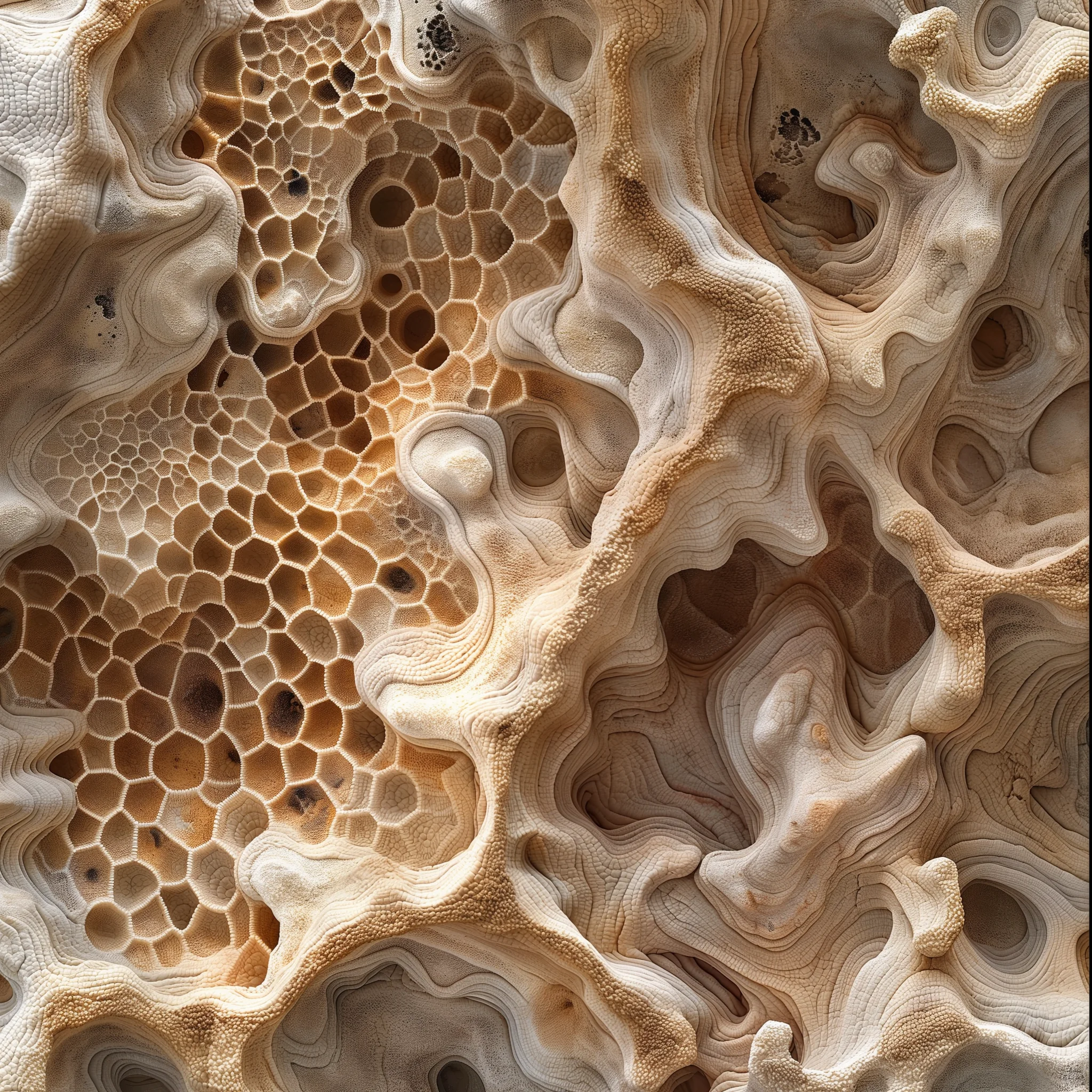 Midjourney: rock formation closeup, porous cellular texture, warm white lacework