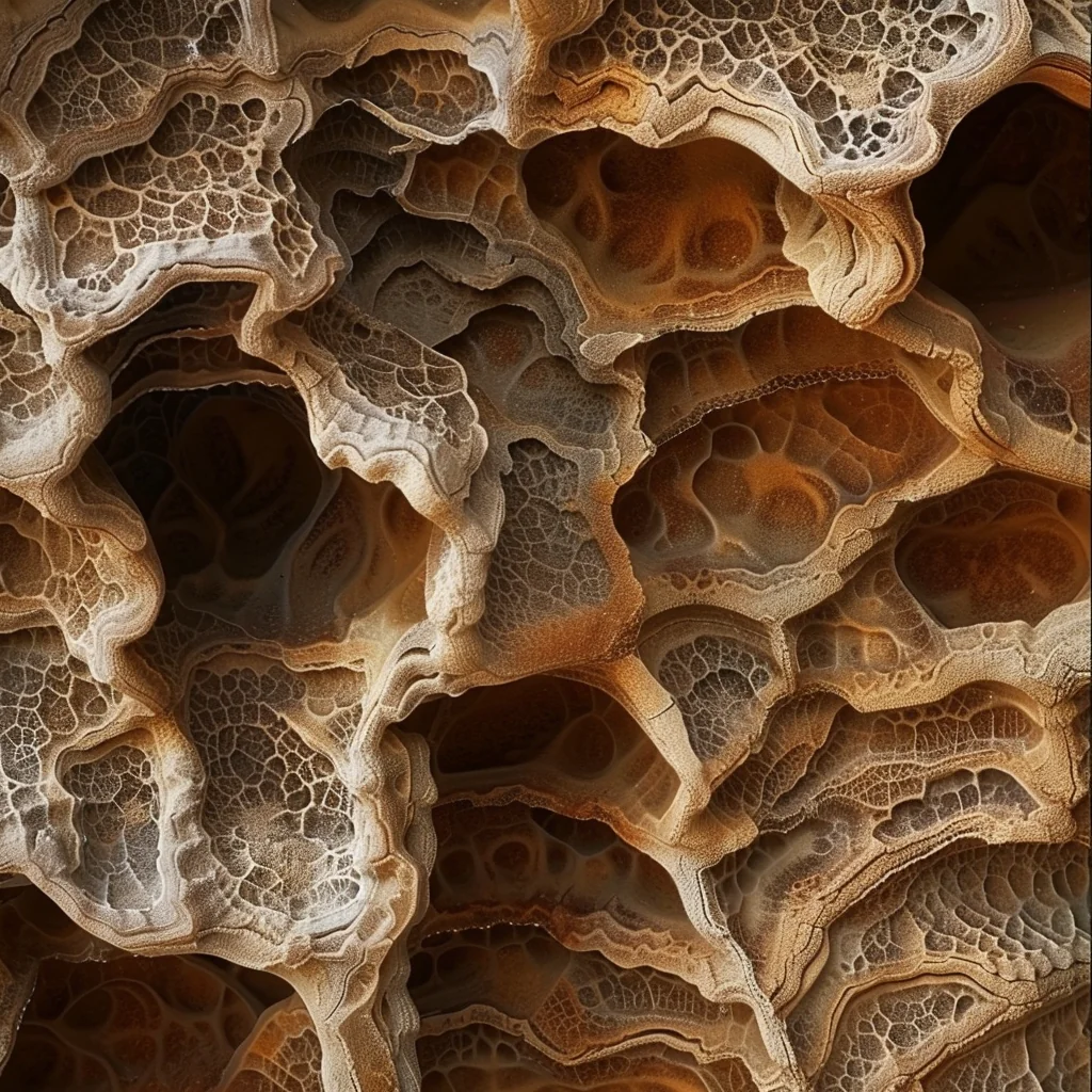 Midjourney: rock formation closeup, layered strata with organic voids