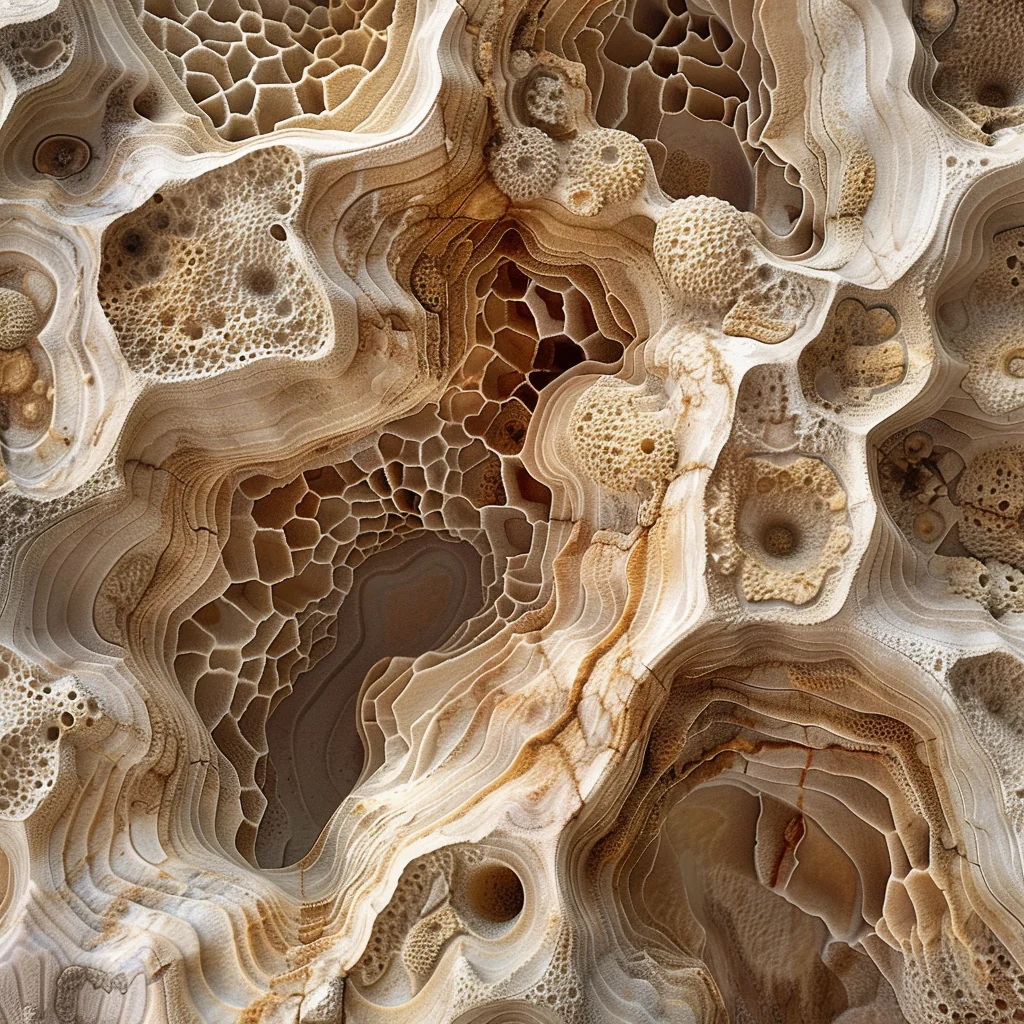 Midjourney variation: porous sandstone formation with layered erosion