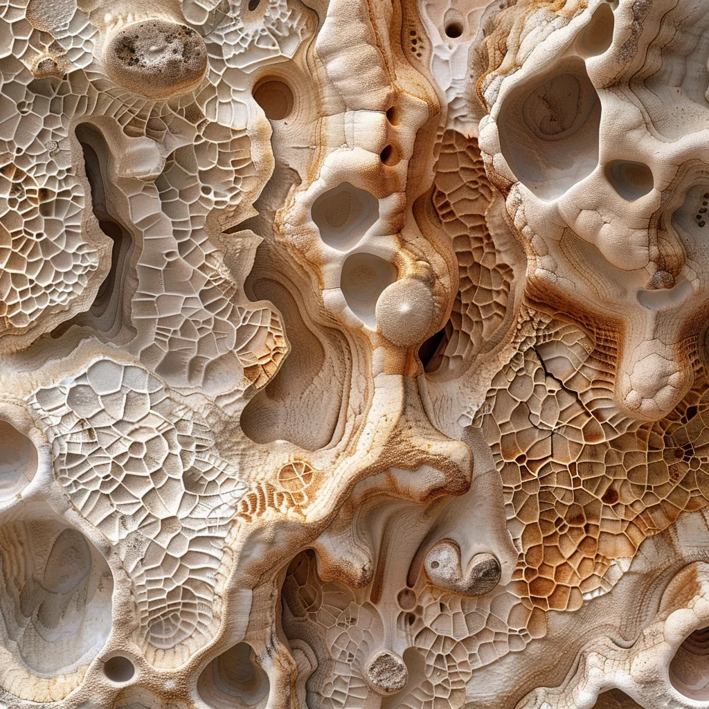 Midjourney variation: cellular stone surface with deep voids
