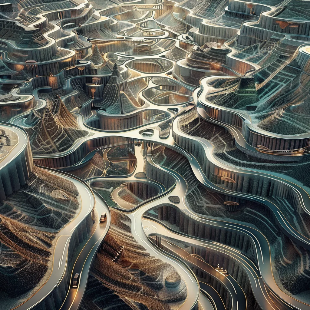 Variant output: aerial futuristic terraced habitat, glowing glass facades embedded in mine terracing