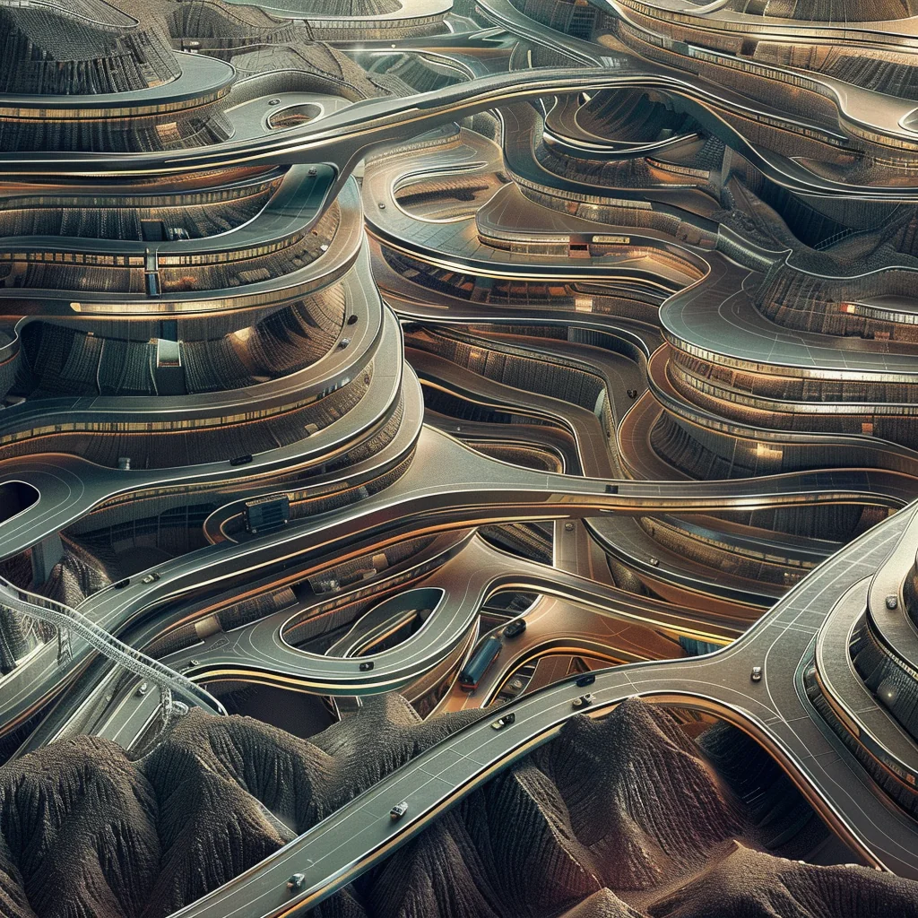 Variant output: futuristic terraced city, ochre and silver, winding access roads with vehicles