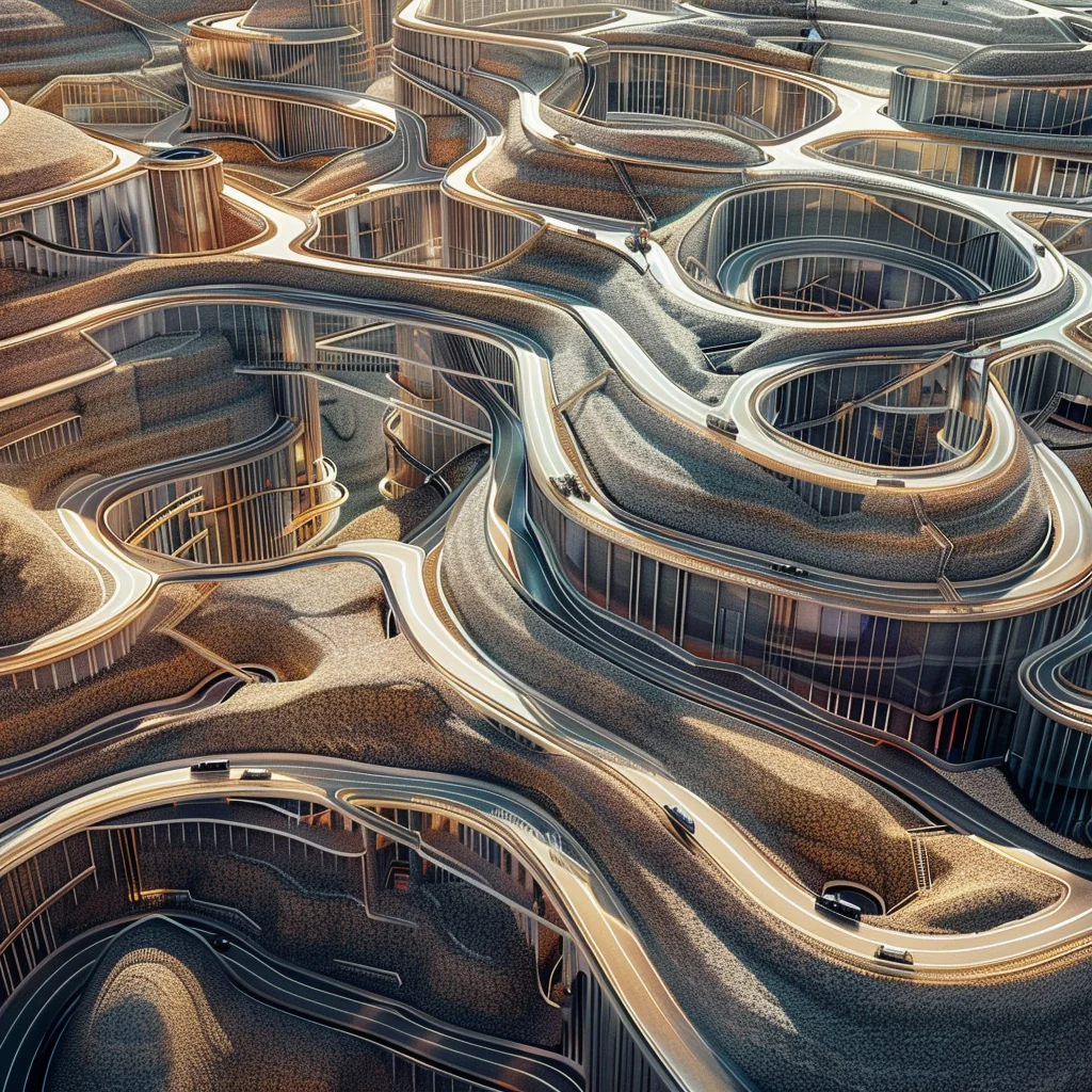 Variant output: close aerial of stacked futuristic terraces, ochre glow, organic building forms
