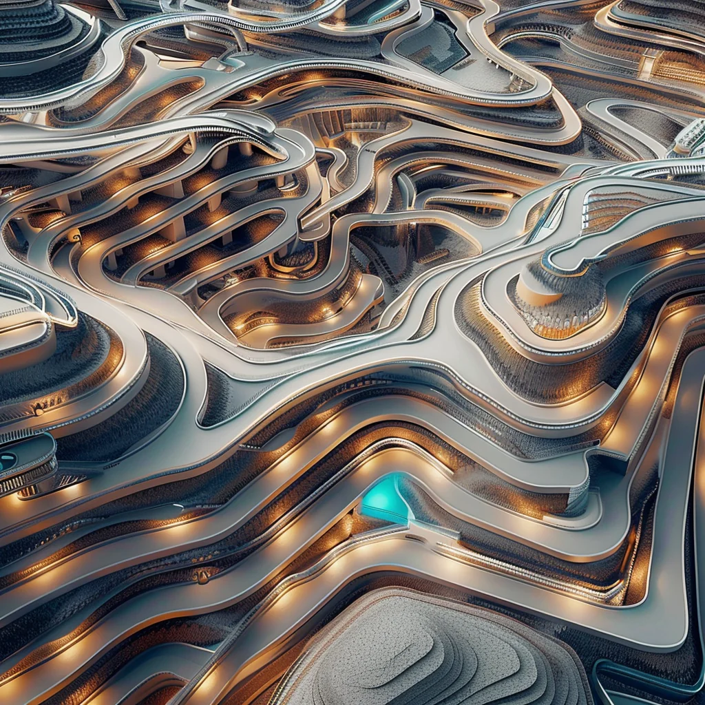 Variation: futuristic terraced habitat, gold glow