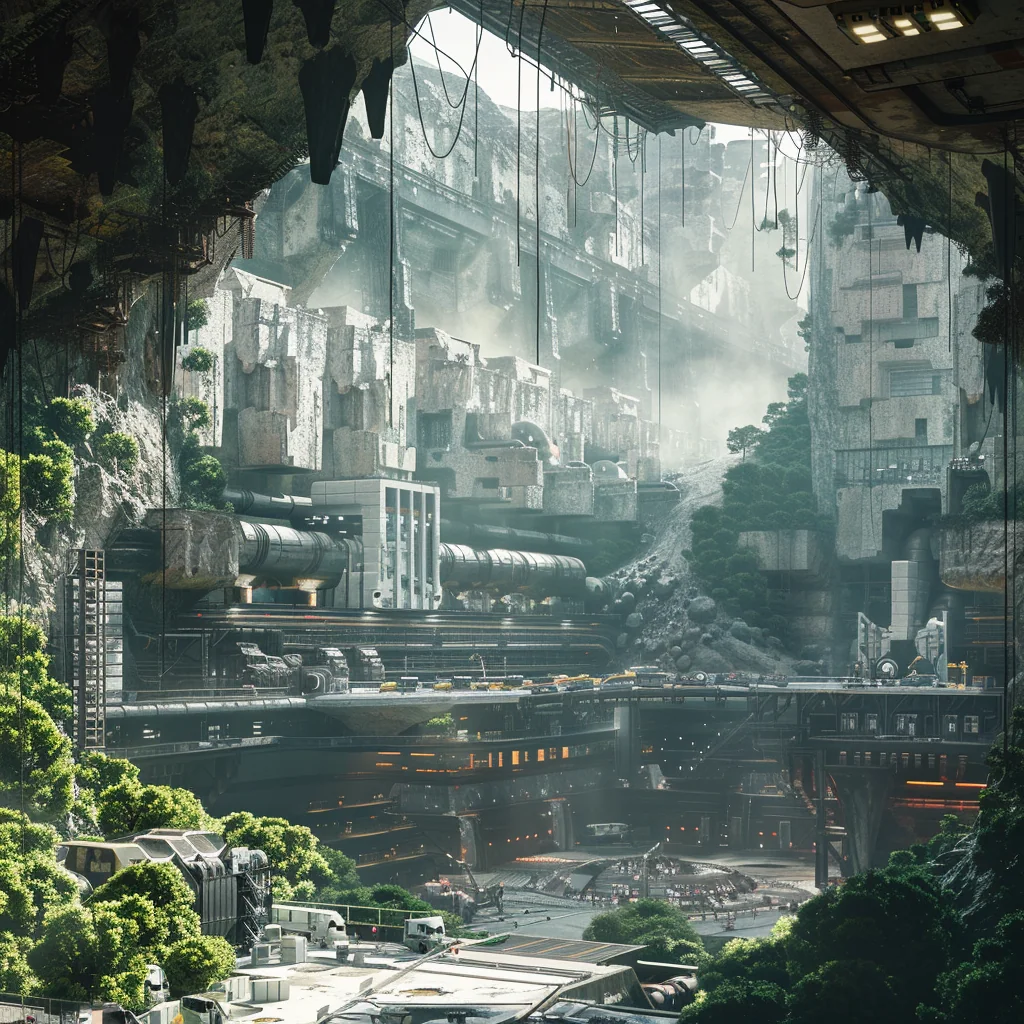 Supermassive industrial factory: interior under open pit