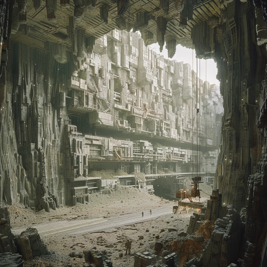 Supermassive industrial factory: interior under open pit