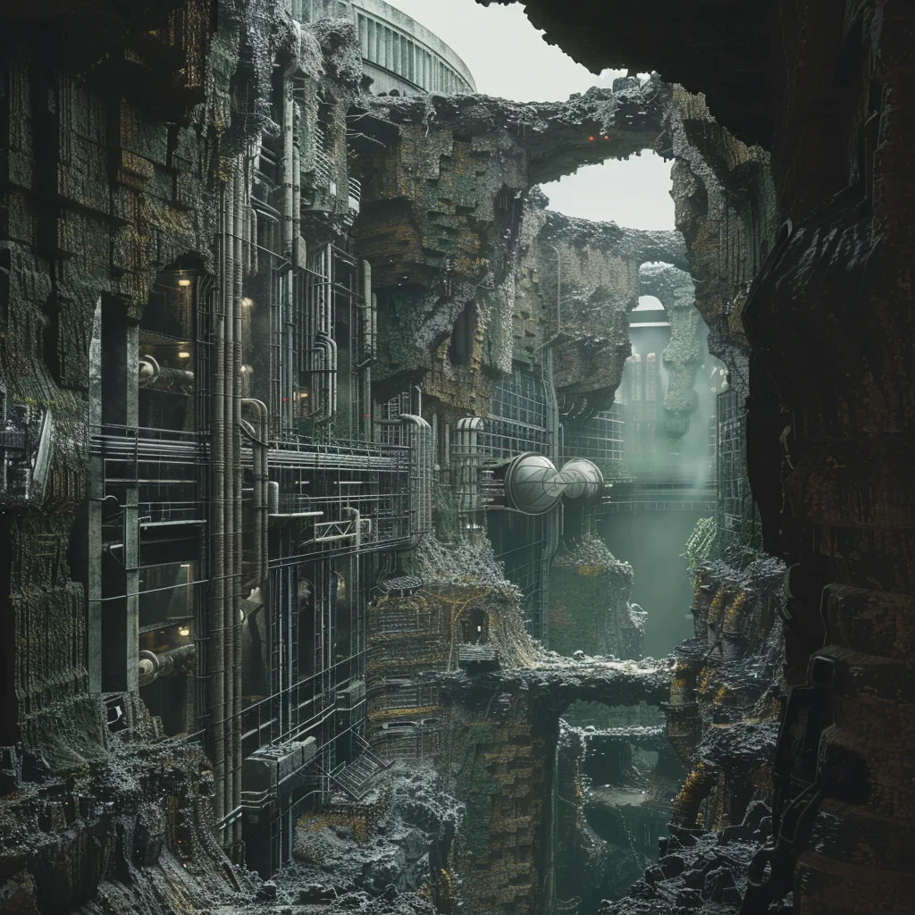 Supermassive industrial factory: interior under open pit