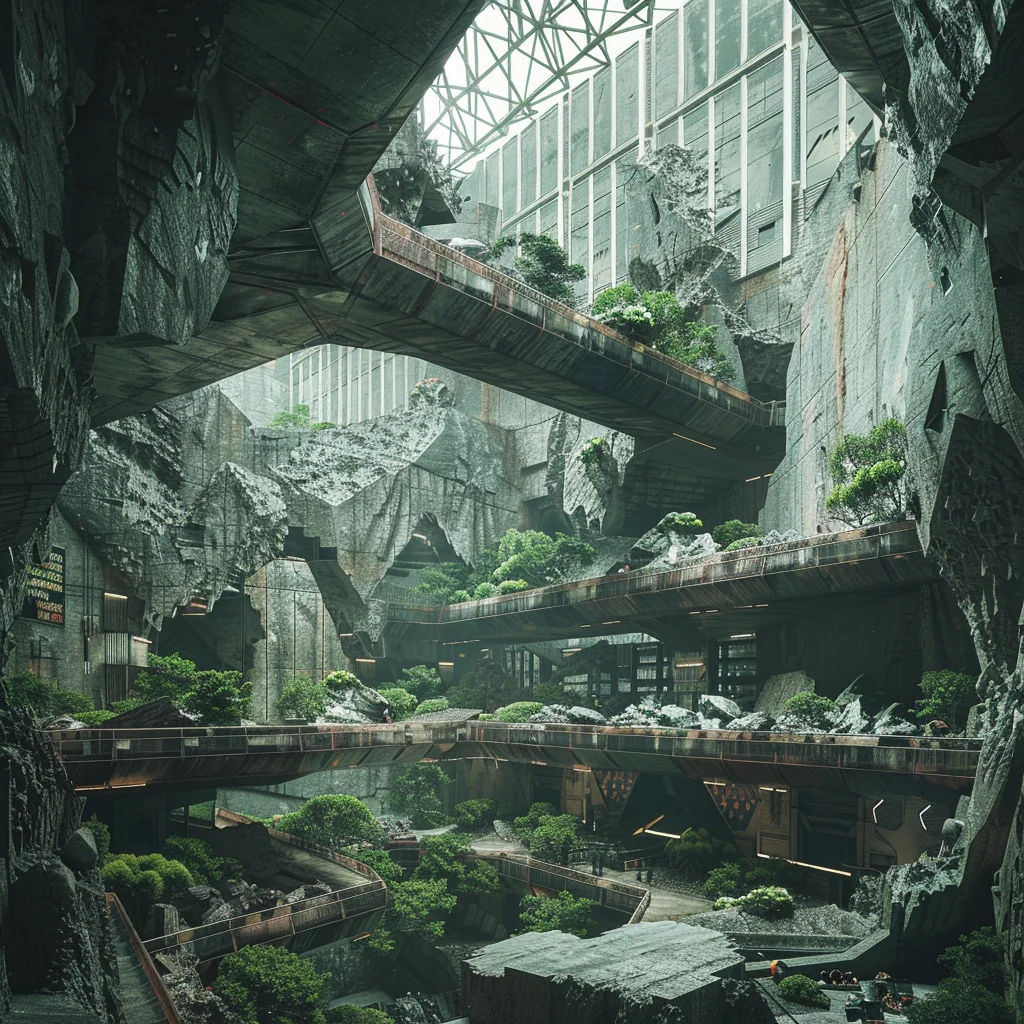 Supermassive industrial factory: interior under open pit