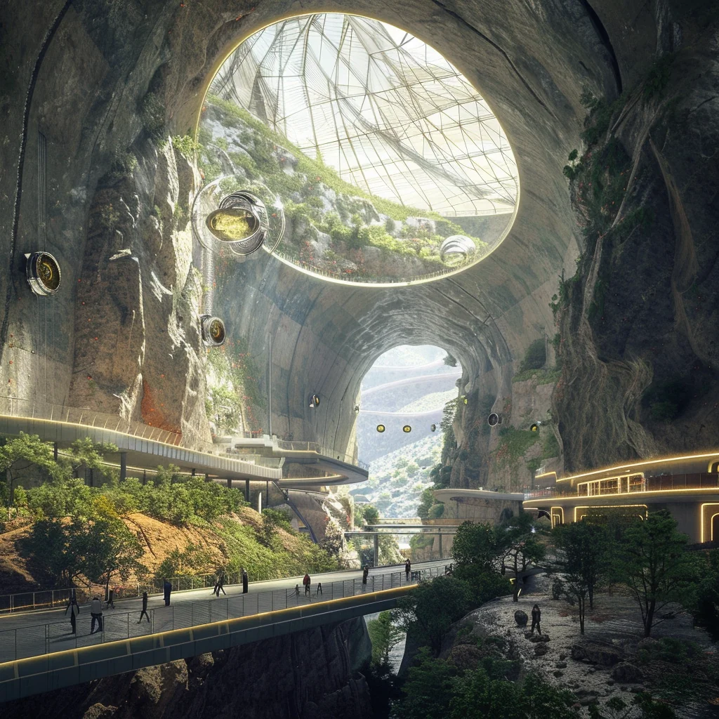 Hyperloop transportation hub: interior under open pit