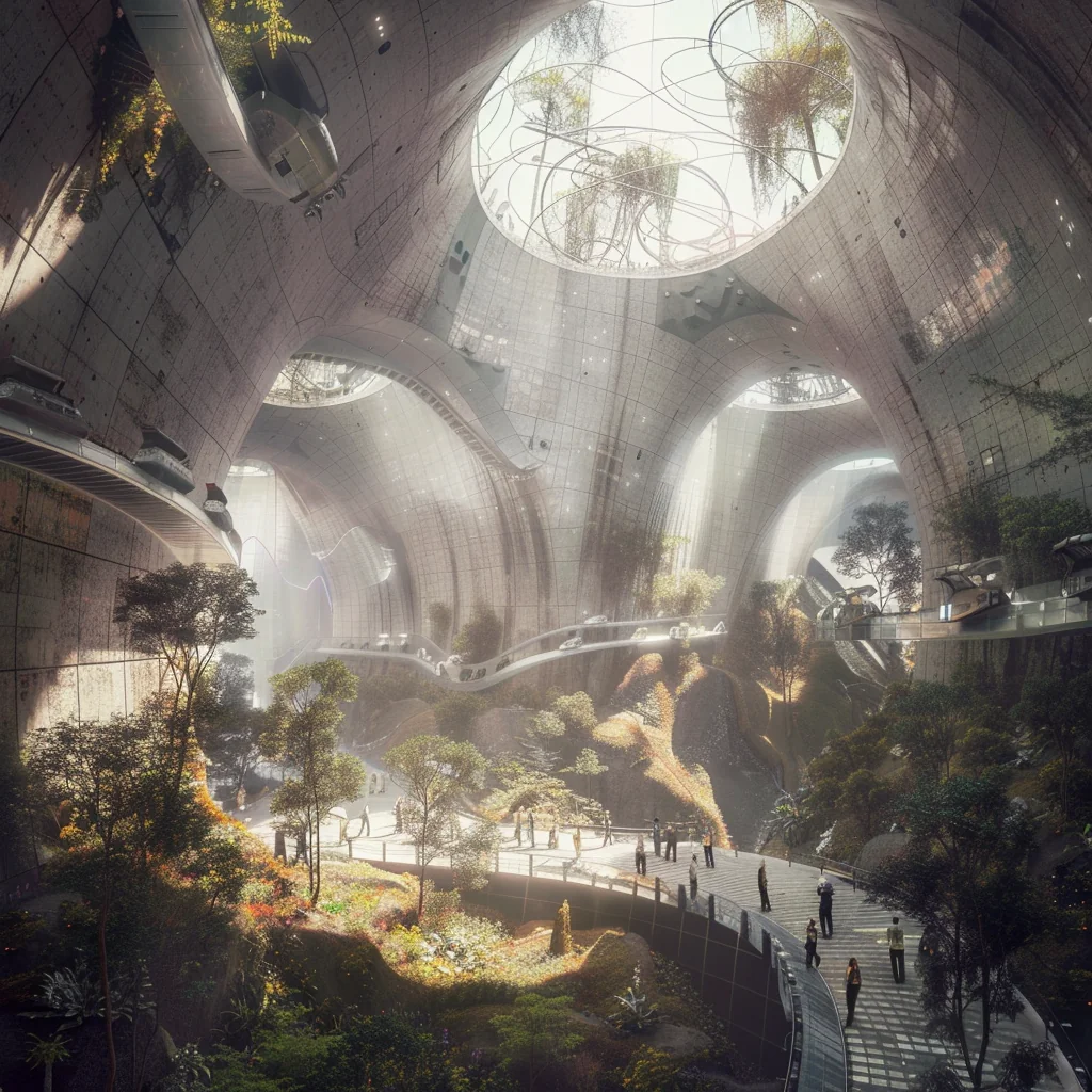 Hyperloop transportation hub: interior under open pit