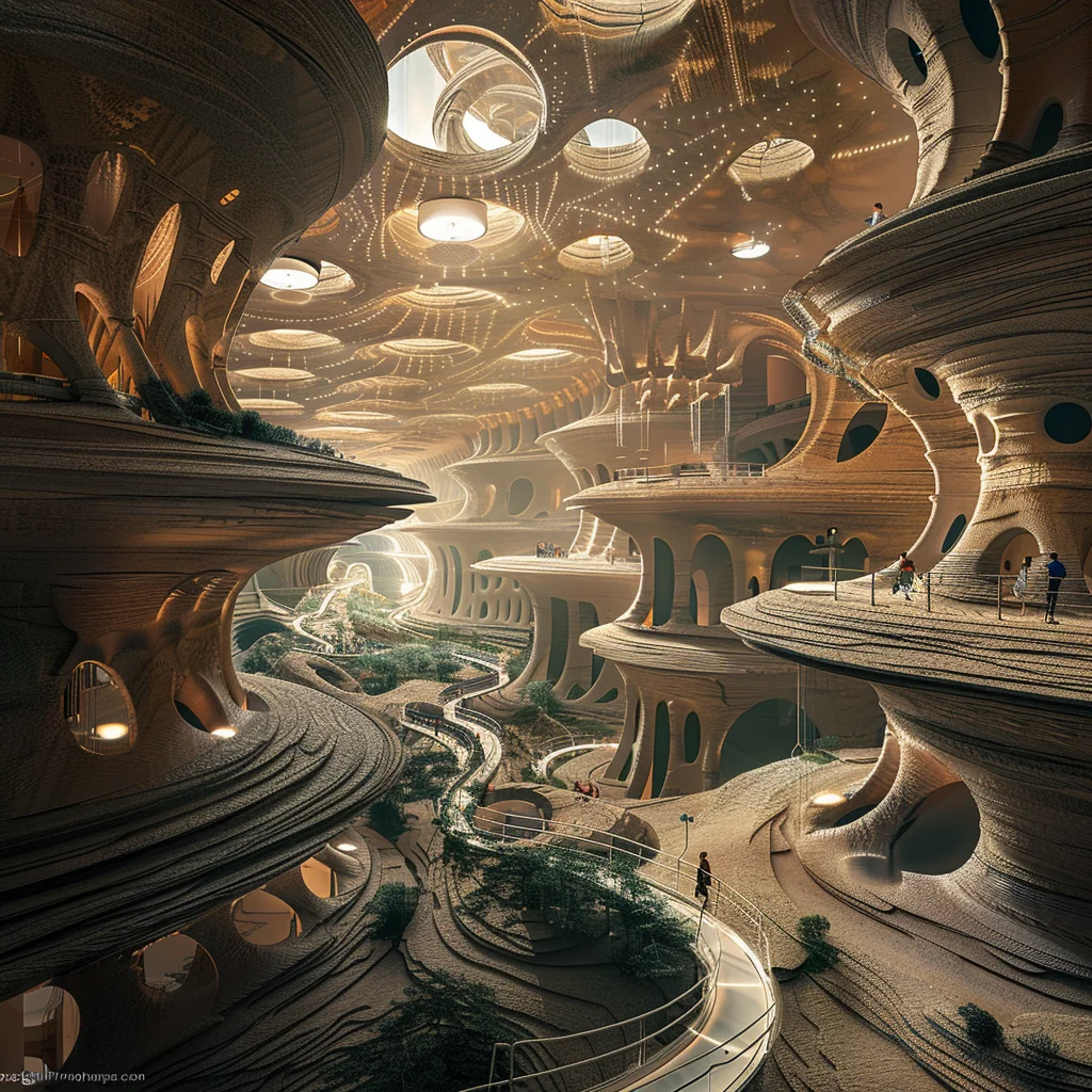 Hyperloop transportation hub: interior under open pit