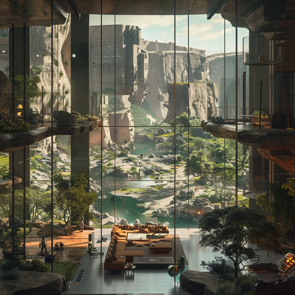 Cosy family livingroom overlooking open-pit mine landscape