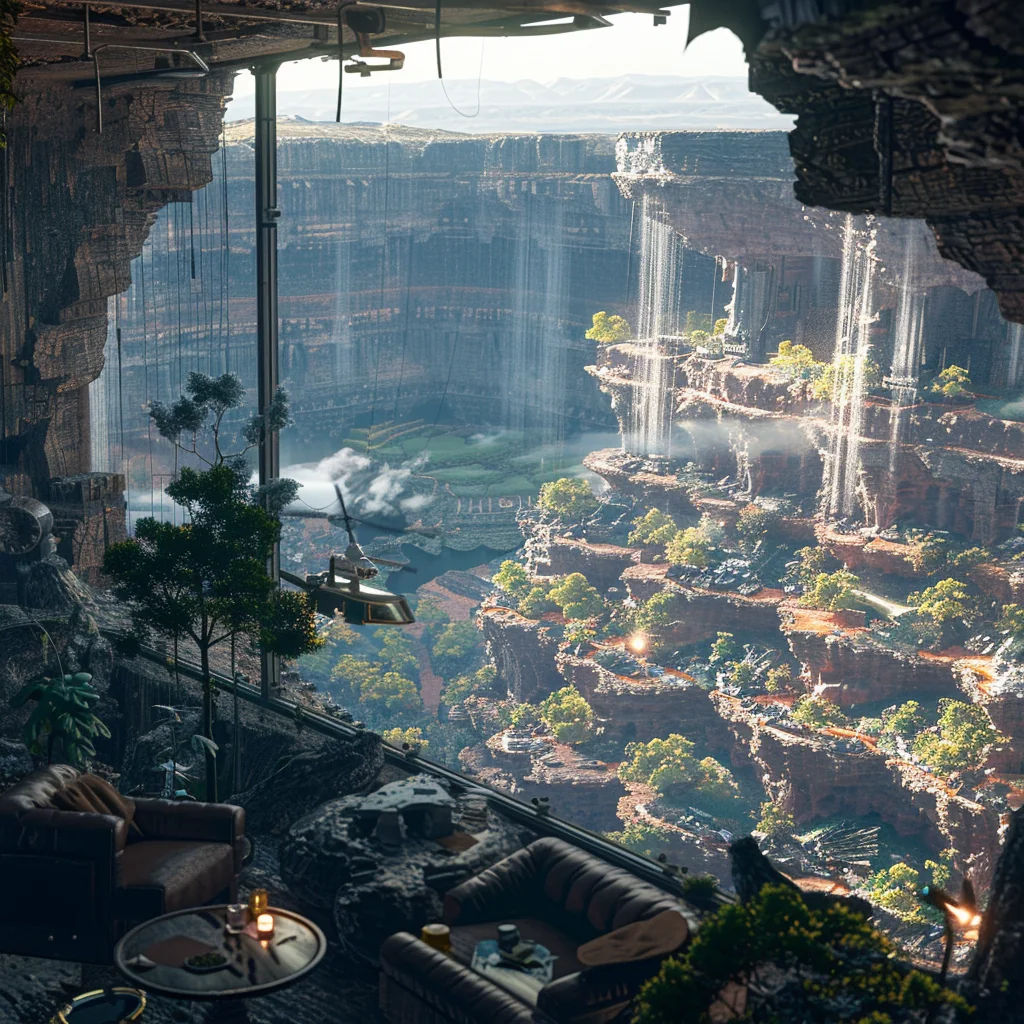 Cosy family livingroom overlooking open-pit mine landscape