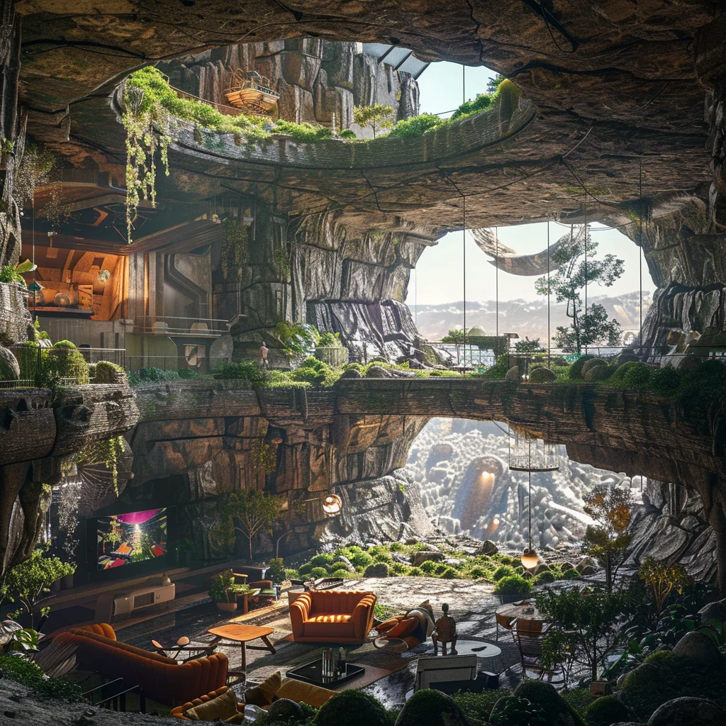 Cosy family livingroom overlooking open-pit mine landscape