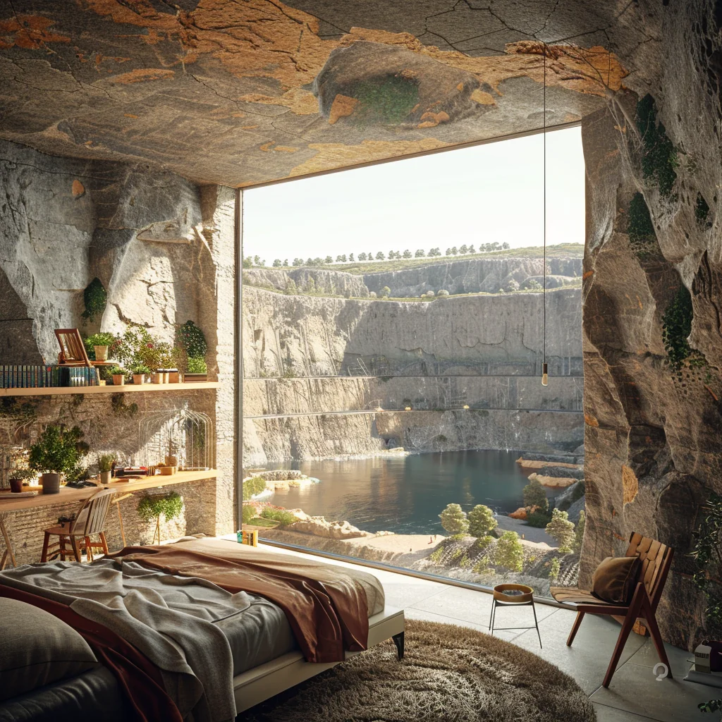 Small cozy family bedroom overlooking cave landscape