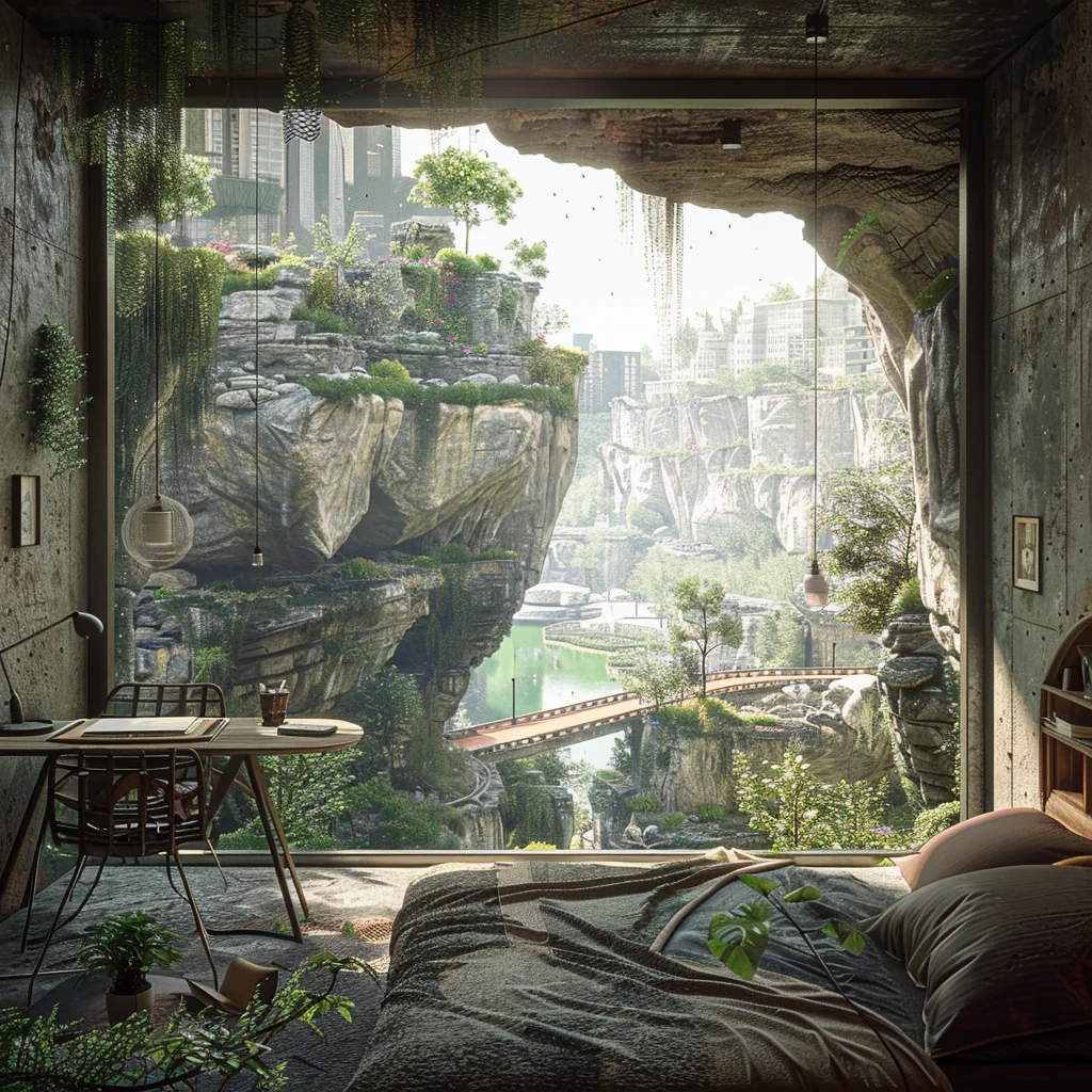 Small cozy family bedroom overlooking cave landscape
