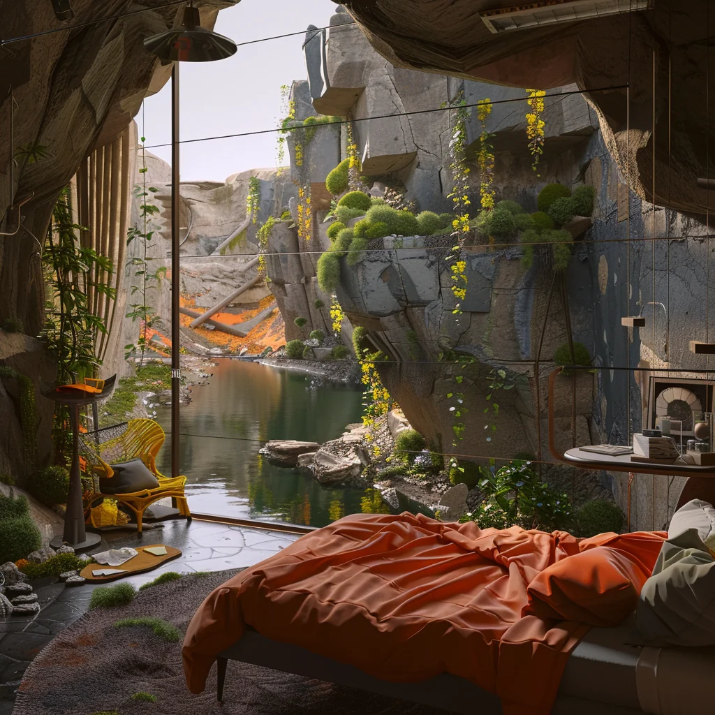 Small cozy family bedroom overlooking cave landscape