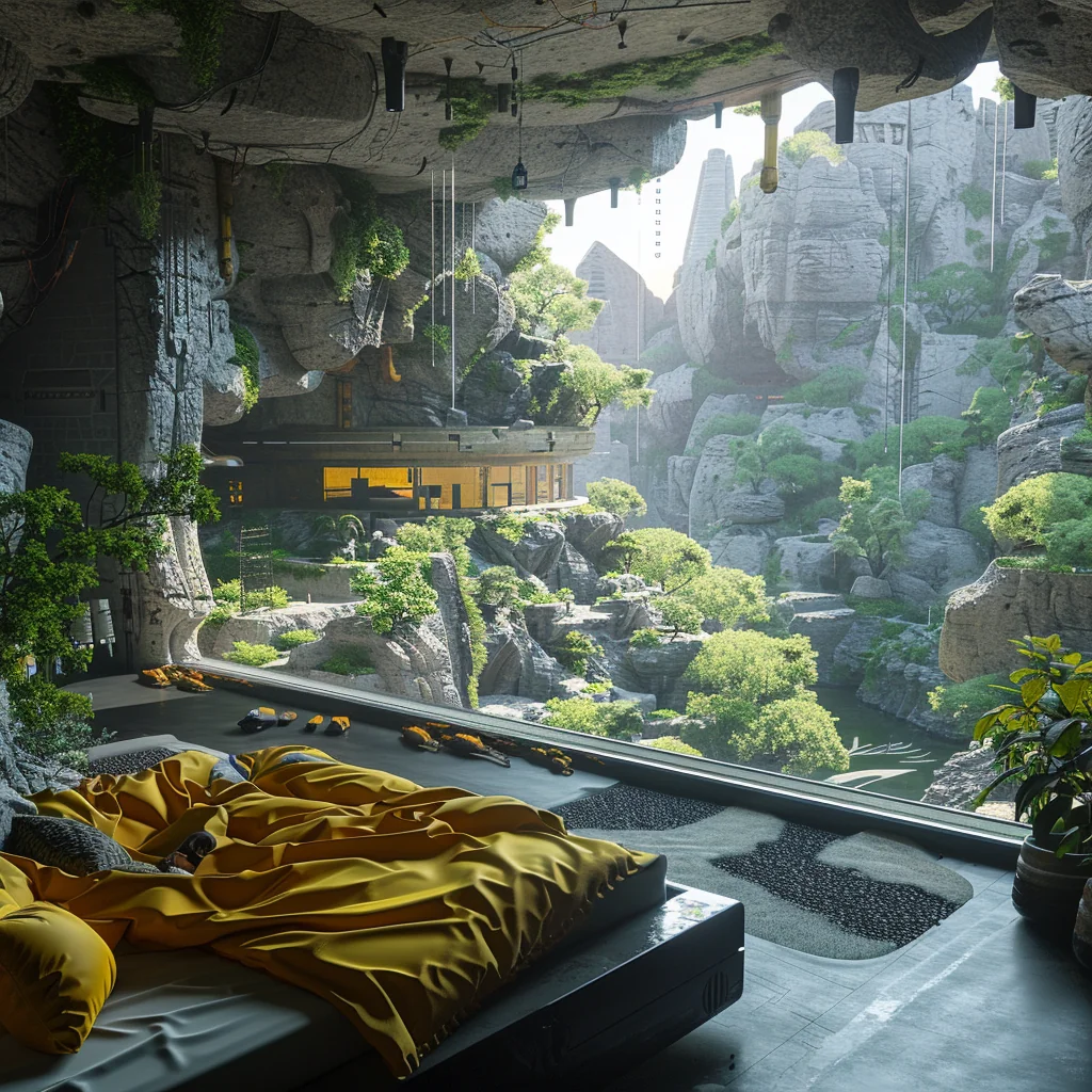 Small cozy family bedroom overlooking cave landscape