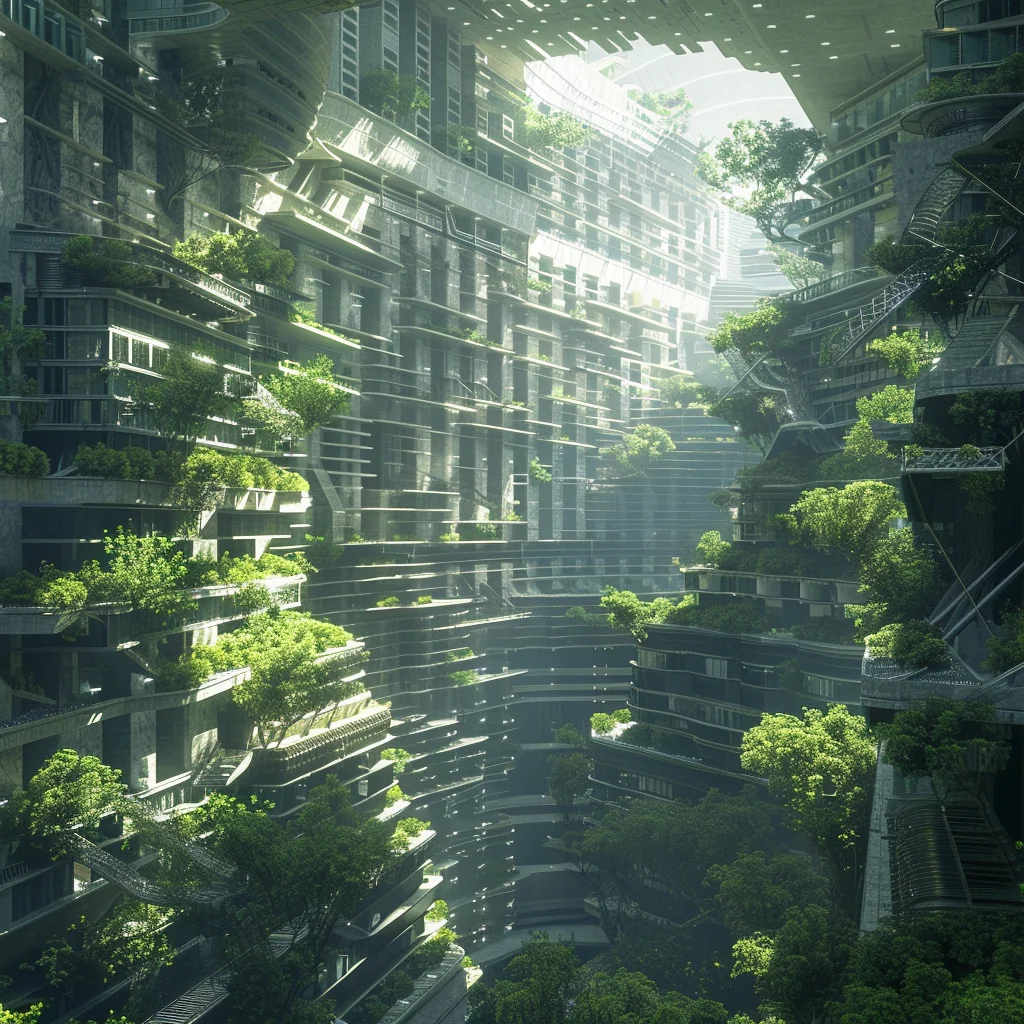 AGRO Farm: domed vertical farm with concentric tiers of jungle canopy, mist, skylights
