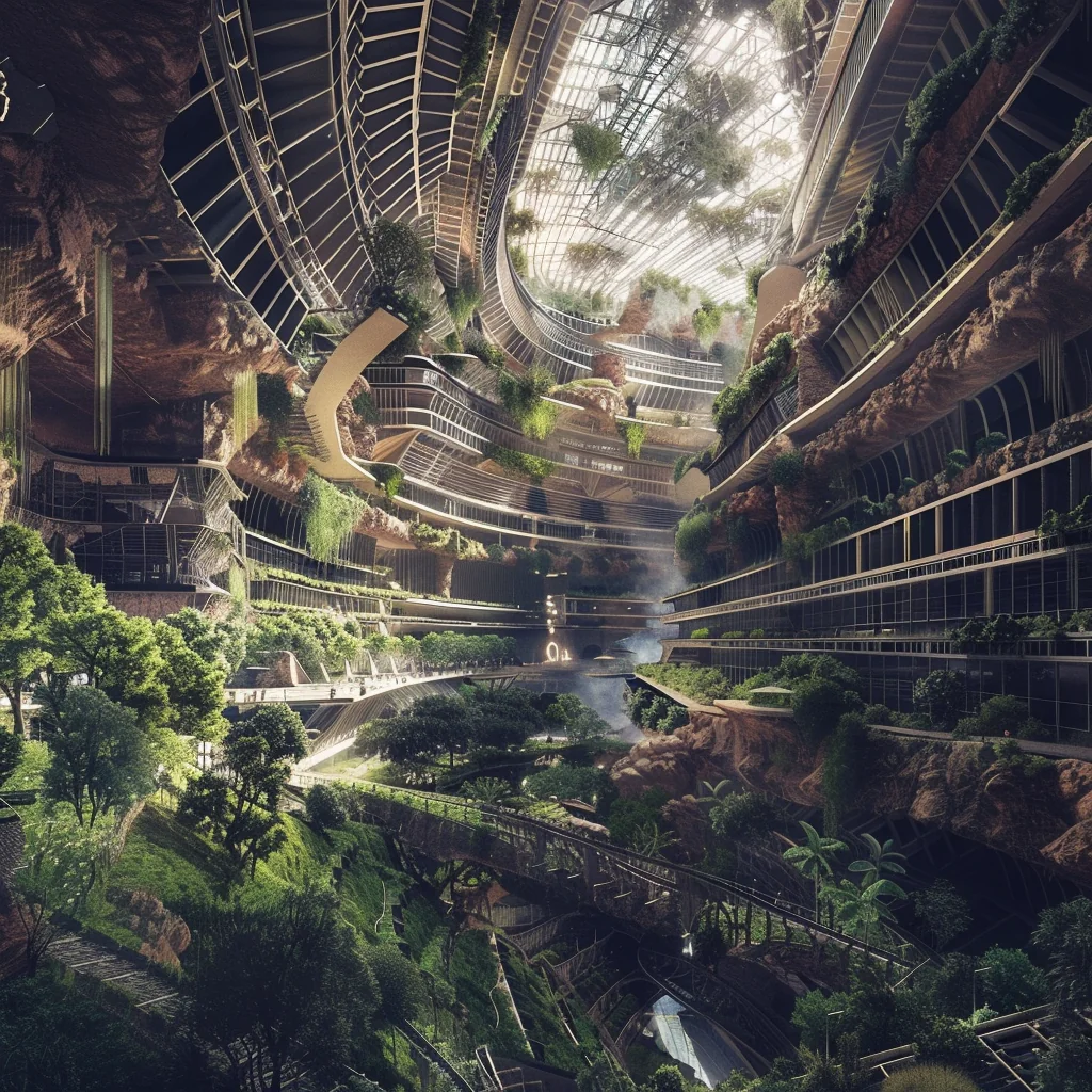 AGRO Farm: hydroponic tiers with bridges, brutalist structure, automated drones at work