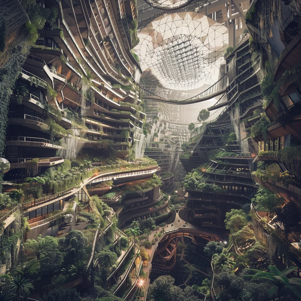 AGRO Farm: deep jungle canopy at the dome's base, mist, overhead light shafts