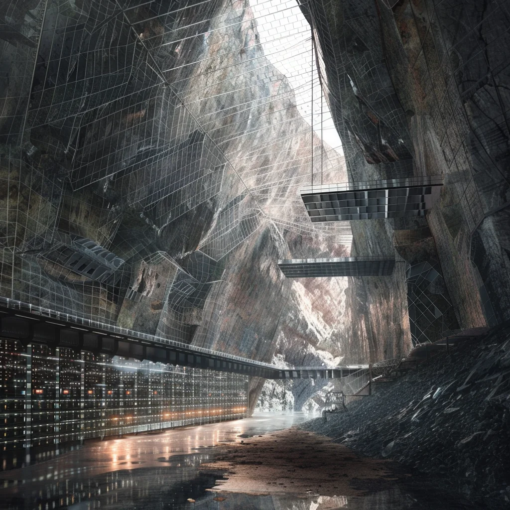AI Data Farm: underground canyon with angled glass-grid skylights, server racks along raw rock walls