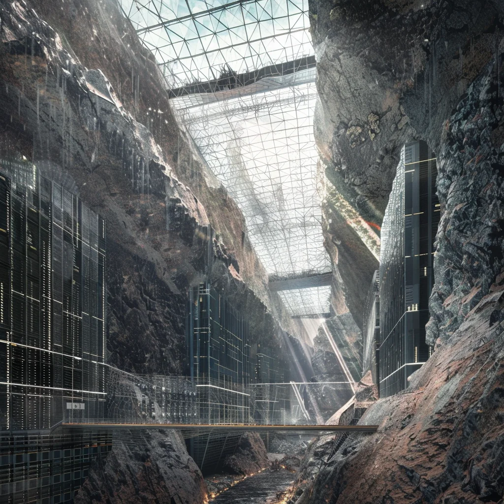 AI Data Farm: vertical server racks rising along geological strata, cool blue light