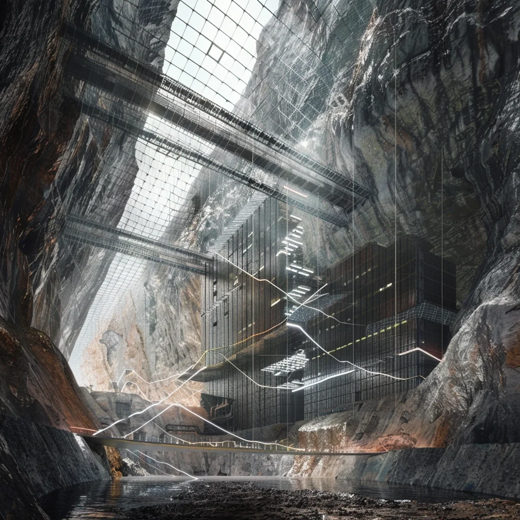 AI Data Farm: central atrium between rock walls, maintenance walkways, server stacks receding into depth
