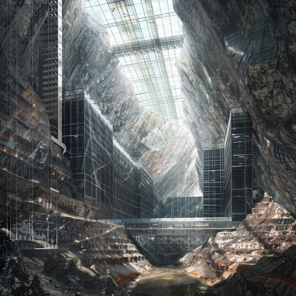 AI Data Farm: computational infrastructure carved into the mine, skylight above, reflective floor