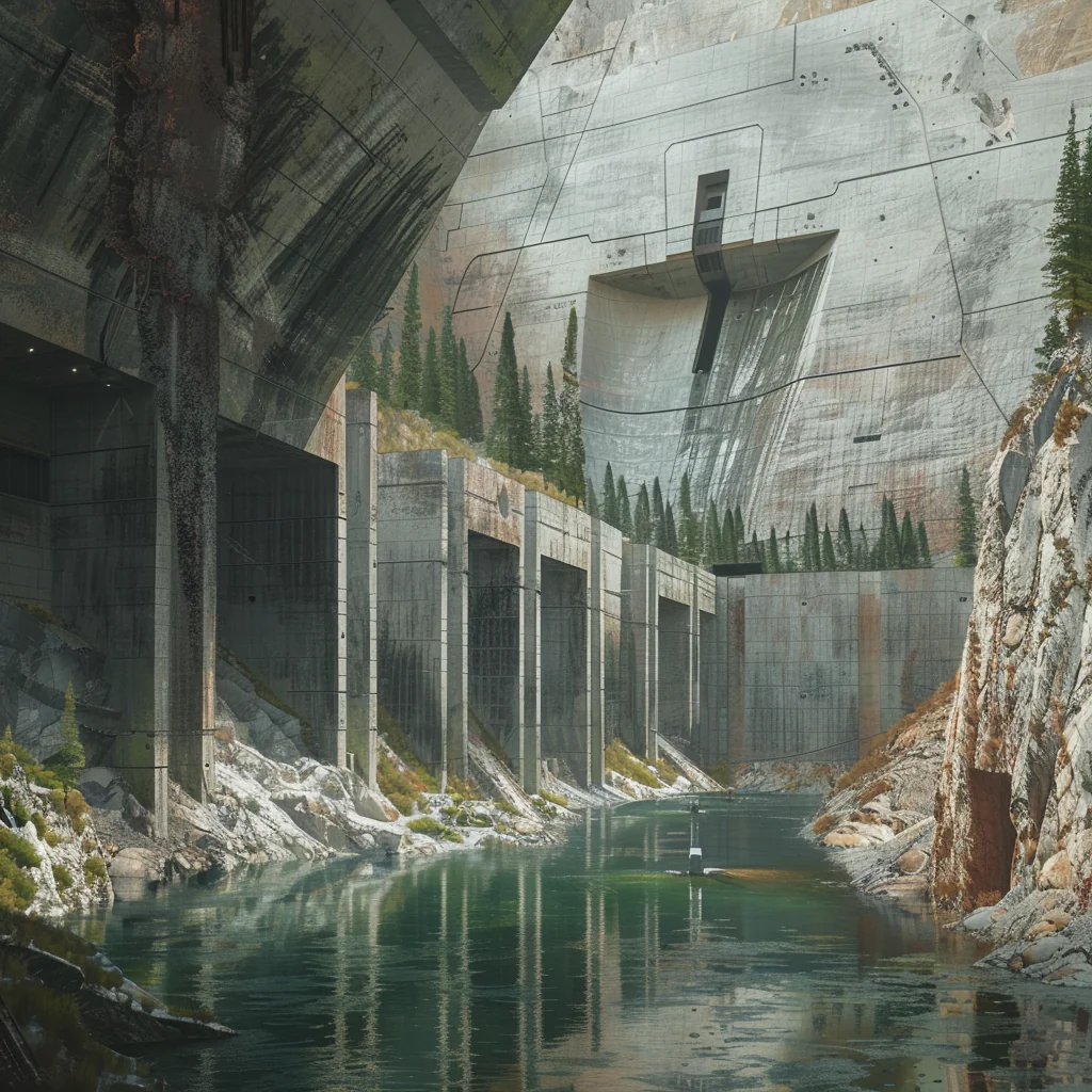Underground Aquifer: subterranean reservoir, concrete retaining walls, mirror-still water channel