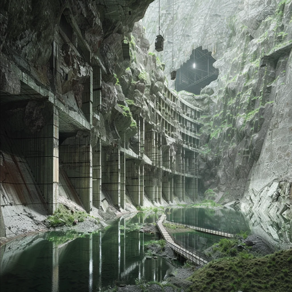Underground Aquifer: reflective water chamber with pine trees on rock ledges