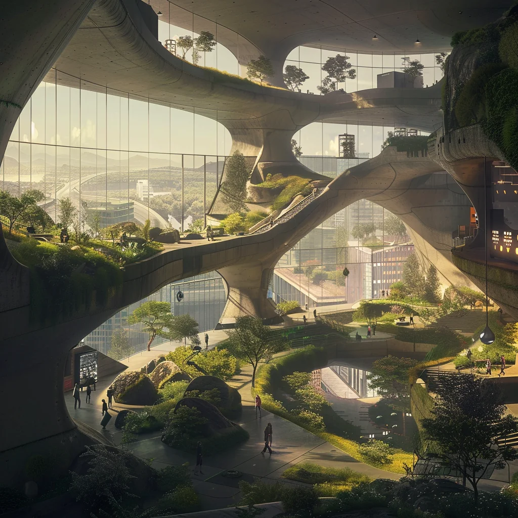 Dream Incubation Centre: biophilic atrium near the pit rim, cascading greenery, glass pods