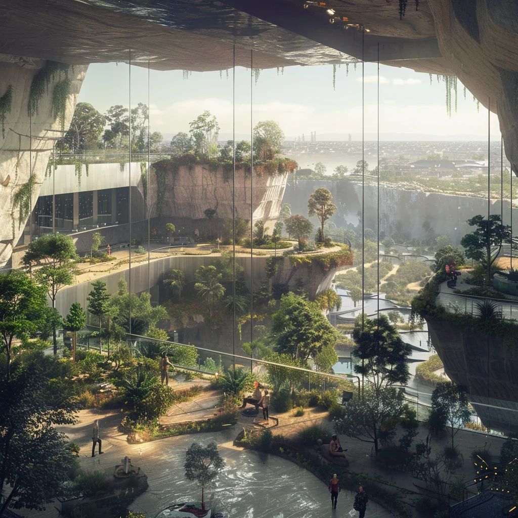Dream Incubation Centre: sensory garden with VR pods, reflective glass walls, waterfalls