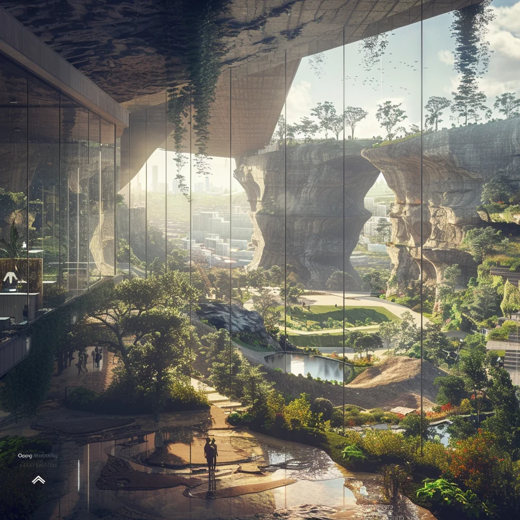 Dream Incubation Centre: rest pods embedded in greenery, light filtering through glass canopy