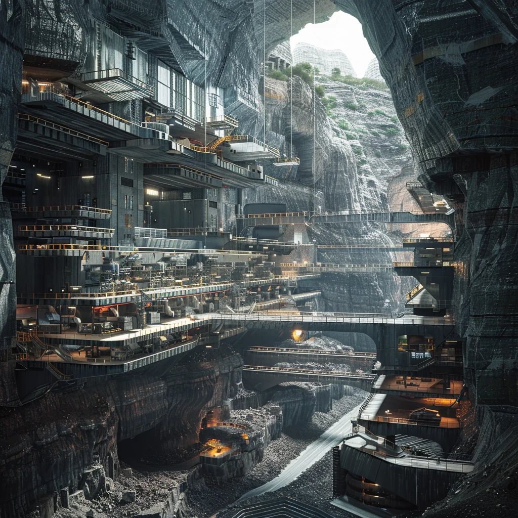 Manufacturing: industrial cavern in the deepest strata, multi-level gantries, amber lighting