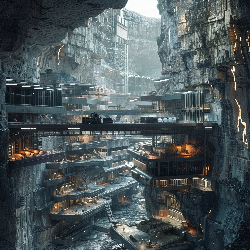 Manufacturing: deep industrial cavern, vertical circulation between production decks