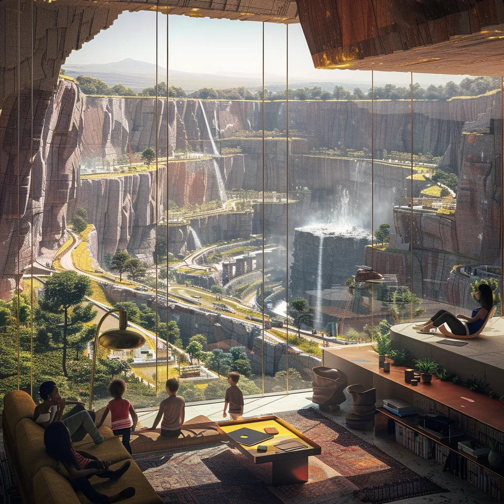 Symbiotic Living: cozy family living room with panoramic canyon view, warm timber interior, green ledges beyond
