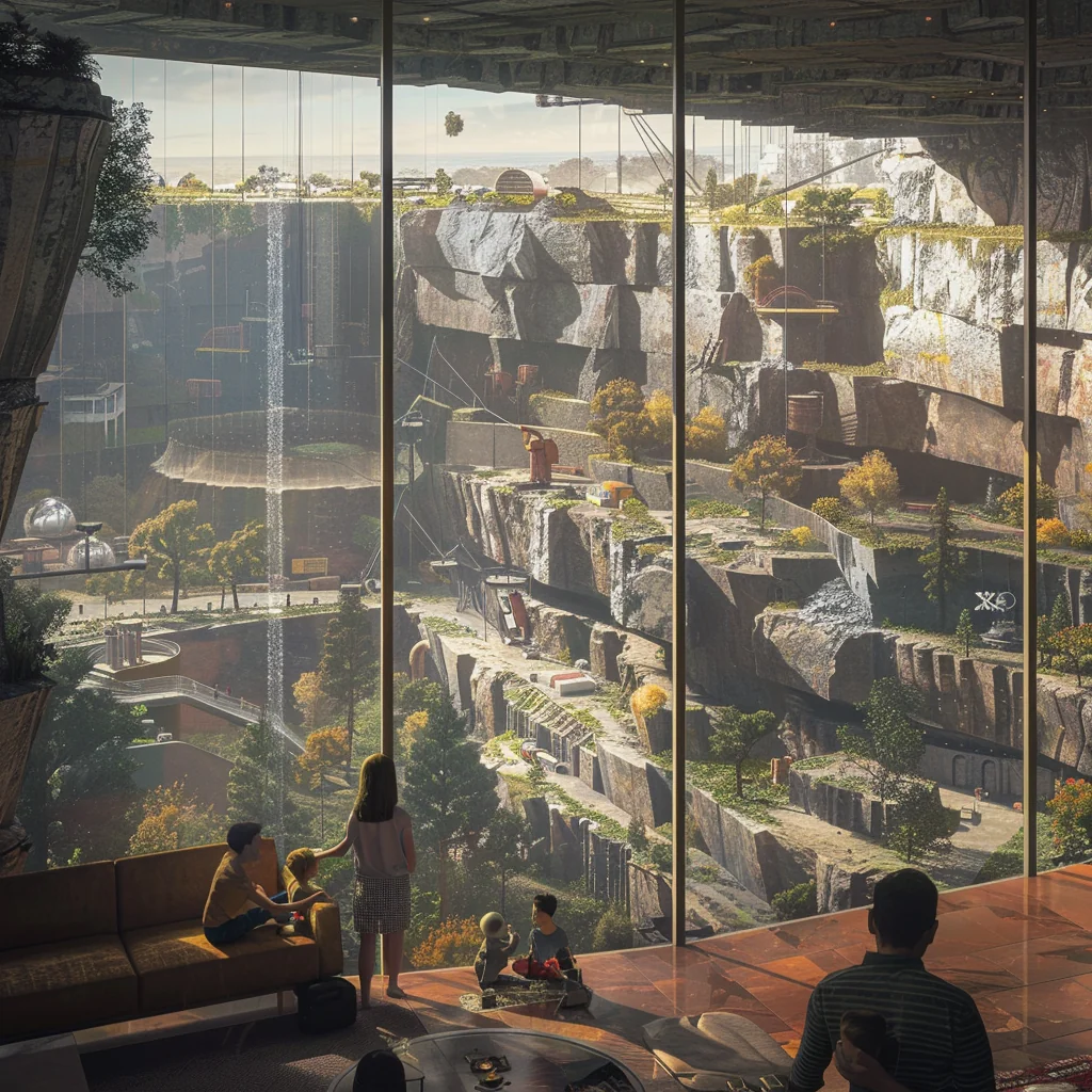 Symbiotic Living: living room variant, soft afternoon light, trees growing through rock ledges outside