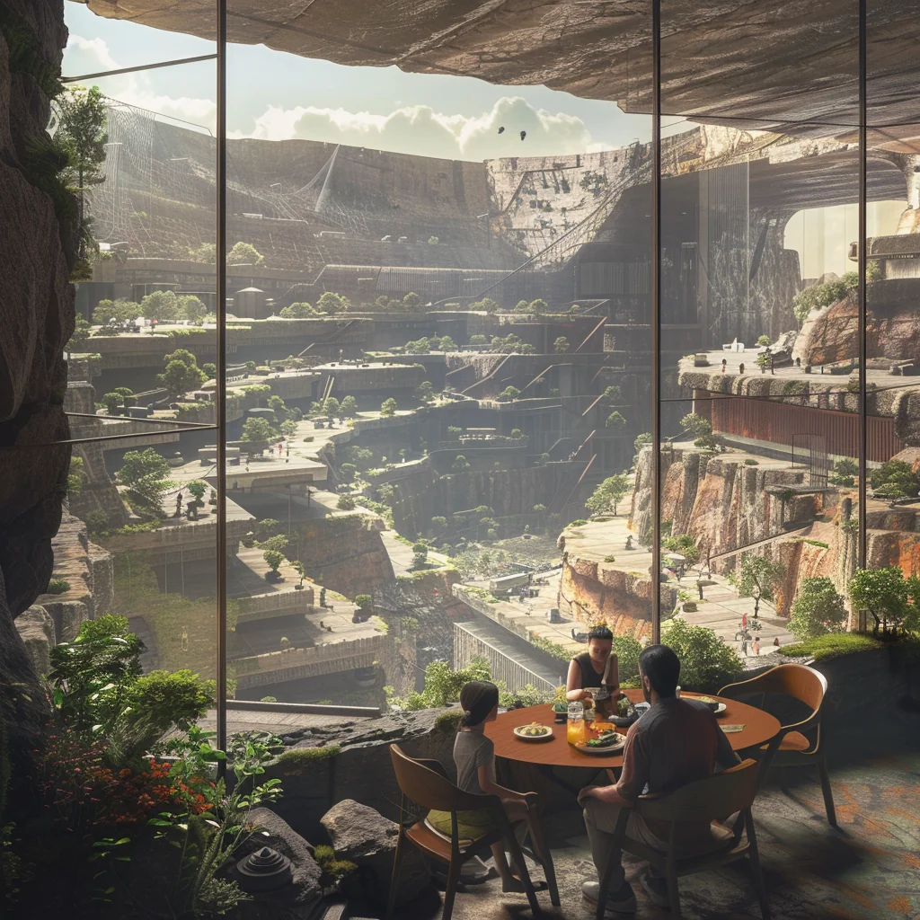 Symbiotic Living: cozy family dining room opening onto the terraced green corridor