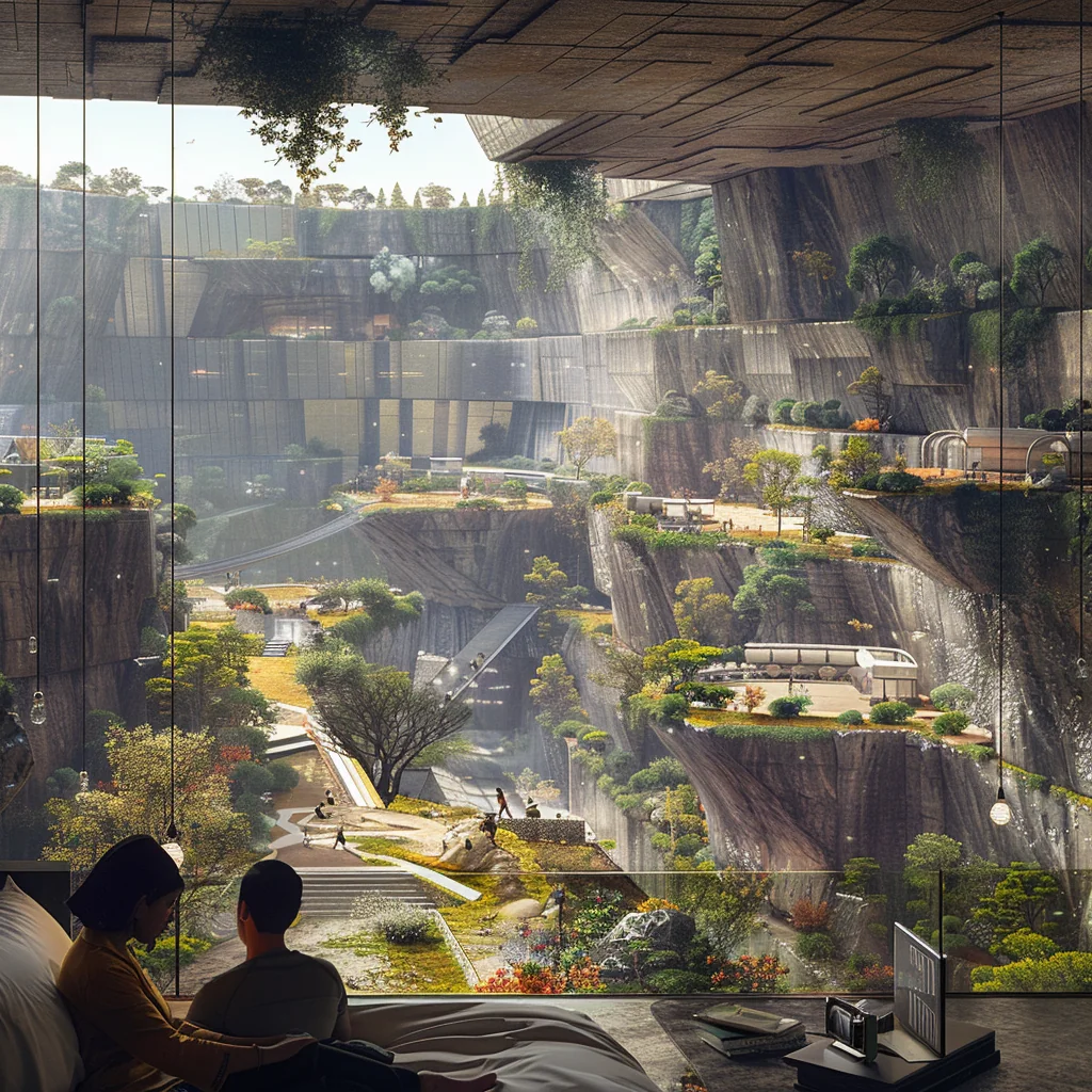 Symbiotic Living: bedroom with couple at window, green cascades on rock ledges, warm morning light