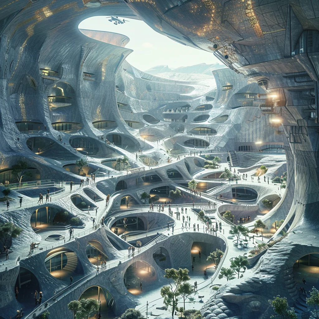 Hyper-transport Hub: biomorphic underground hyperloop terminal, glass pneumatic tubes, atrium open to sky